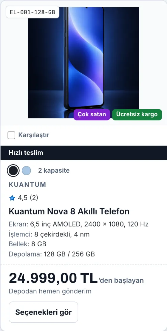 Teknik kart düzeniyle bir ürün kartı