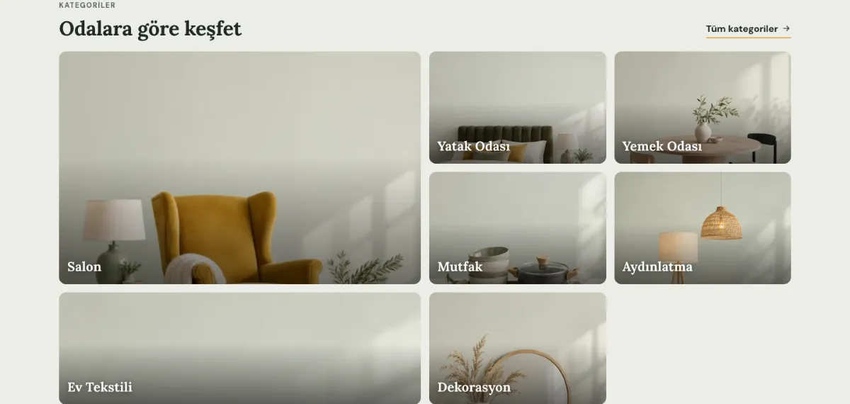 Kategori mozaiği: Kategori görselleri büyüklü küçüklü bir ızgarada.