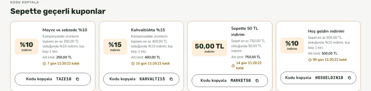 Kupon kartları: Yayındaki kuponlar, koşulları ve kalan süresiyle; kod tek dokunuşla kopyalanır.