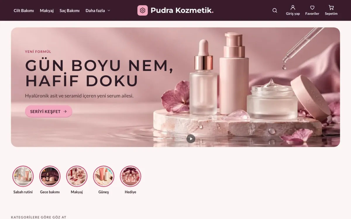 Kozmetik demo mağazası masaüstünde: geniş slider ve üst menü