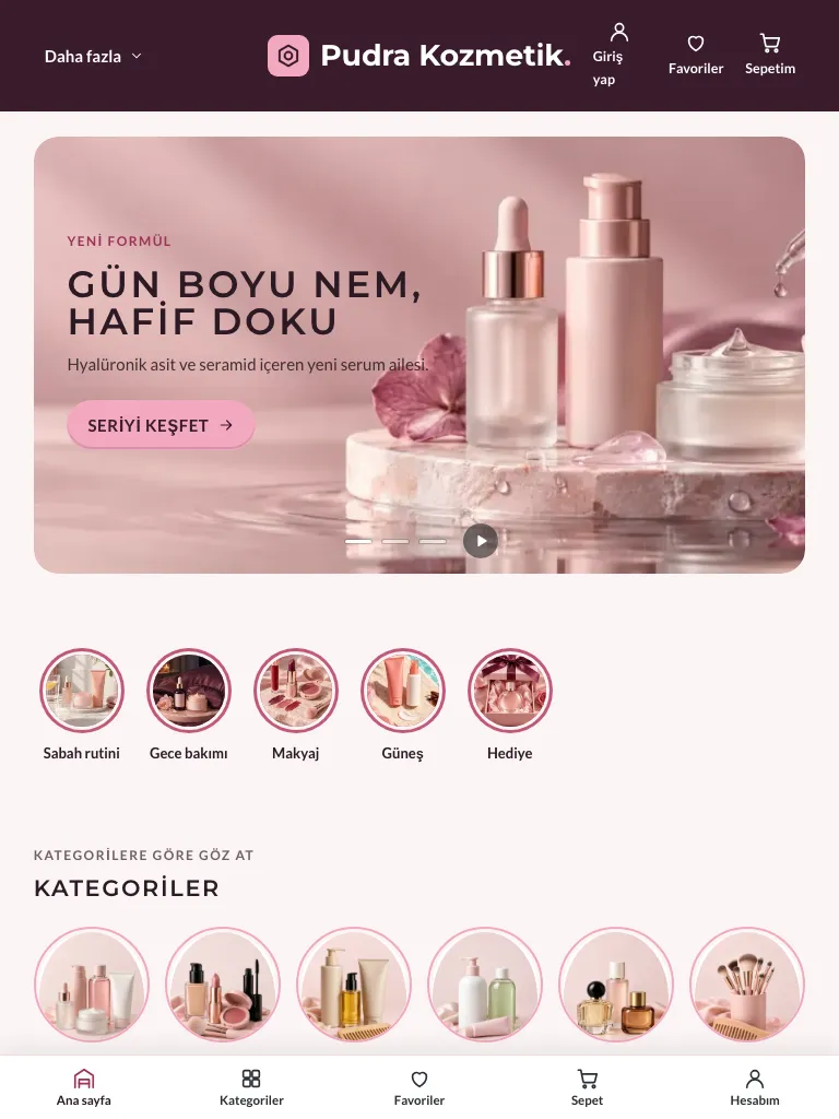 Aynı mağaza tablette: slider, hikâyeler ve kategoriler