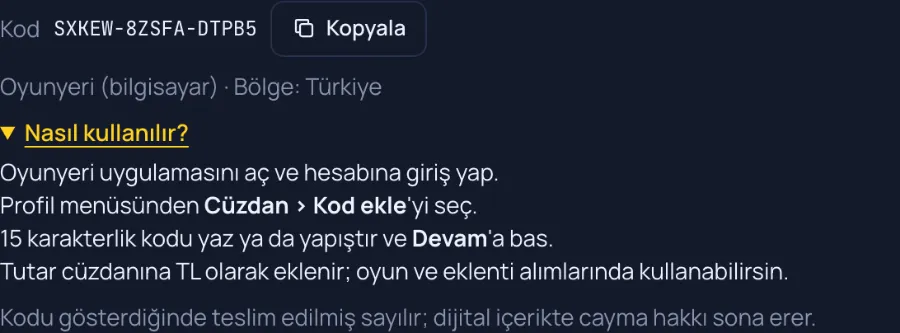 Kütüphanede e-pin: Kodu göster ile açılan cüzdan kodu ve Kopyala, platform ve bölge, açılmış Nasıl kullanılır? adımları ve teslim notu