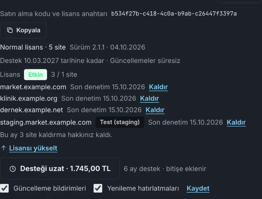 Kütüphanede lisans: satın alma kodu ve lisans anahtarı, Kopyala, destek bitişi, Etkin 1 / 1 site, etkinleştirilen site ve sınıra sayılmayan test sitesi, Kaldır bağlantıları, Lisansı yükselt