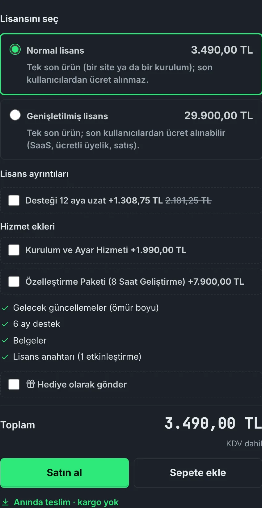 Ürün sayfasında lisans seçimi: Normal ve Genişletilmiş lisans kartları, desteği 12 aya uzatma, kurulum ve özelleştirme hizmet ekleri, lisansın içerdikleri, hediye seçeneği, toplam fiyat ve Satın al düğmesi