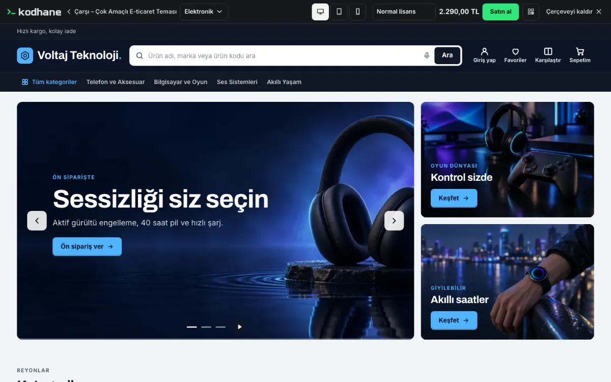 Canlı önizleme sayfası: üst çubukta tema adı, demo değiştirici, masaüstü, tablet ve telefon düğmeleri, lisans seçimi, fiyat ve Satın al; altında çerçevede temanın demo mağazası