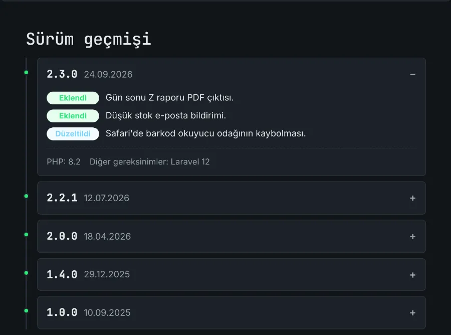 Ürün sayfasında sürüm geçmişi: açık 2.3.0 sürümünde Eklendi ve Düzeltildi maddeleri, PHP ve Laravel gereksinimleri; altında katlanmış önceki sürümler