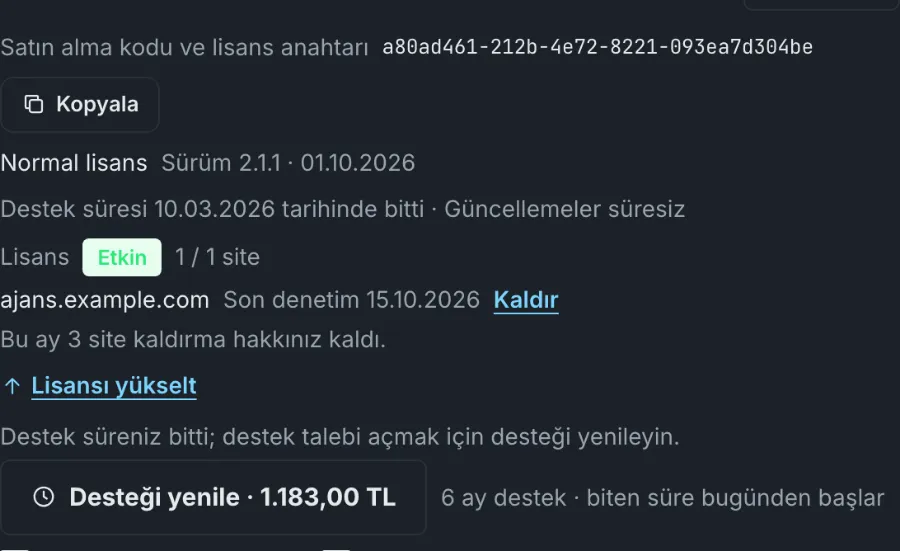 Kütüphanede süresi biten destek: Destek süresi bitti notu, lisans ve site bilgisi, Lisansı yükselt bağlantısı ve 6 aylık Desteği yenile düğmesi