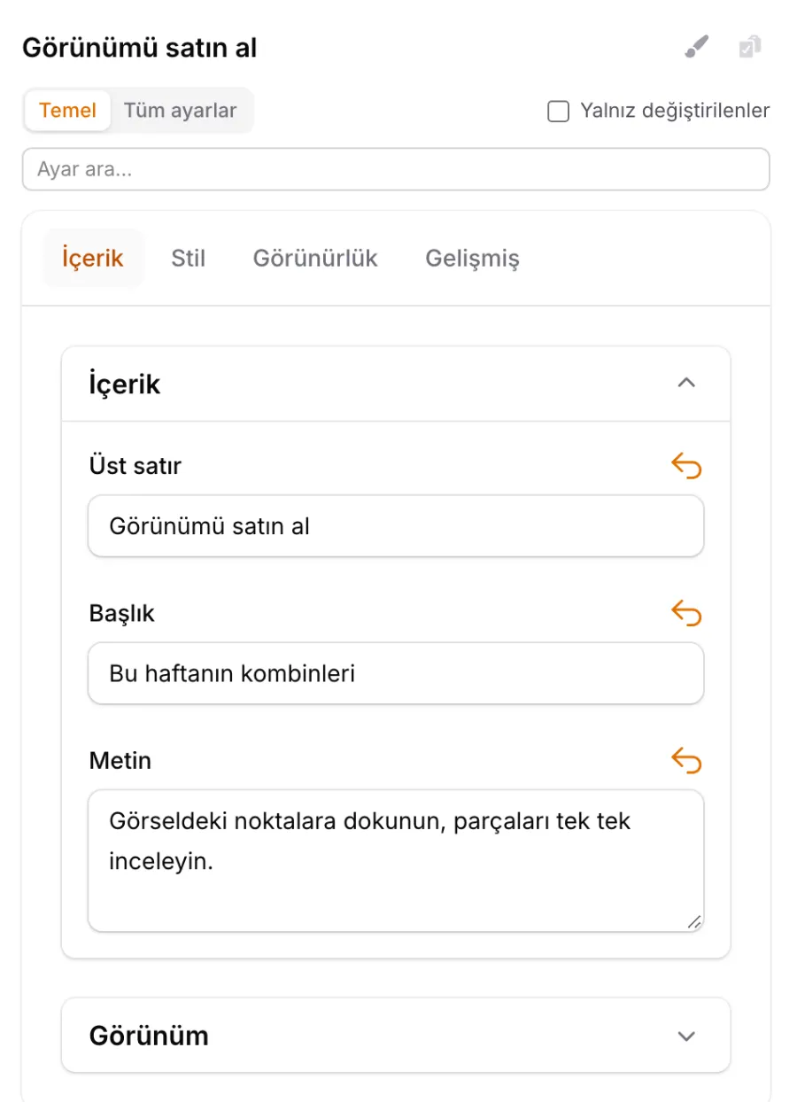 Ayarlar paneli: Temel ve Tüm ayarlar düğmeleri, Ayar ara kutusu, Yalnız değiştirilenler seçeneği; İçerik sekmesinde üst satır, başlık ve metin alanları