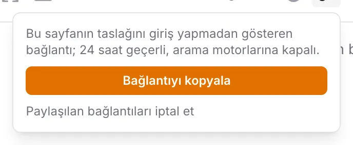 Önizleme bağlantısı: taslağı giriş yapmadan gösteren, 24 saat geçerli bağlantıyı kopyala düğmesi