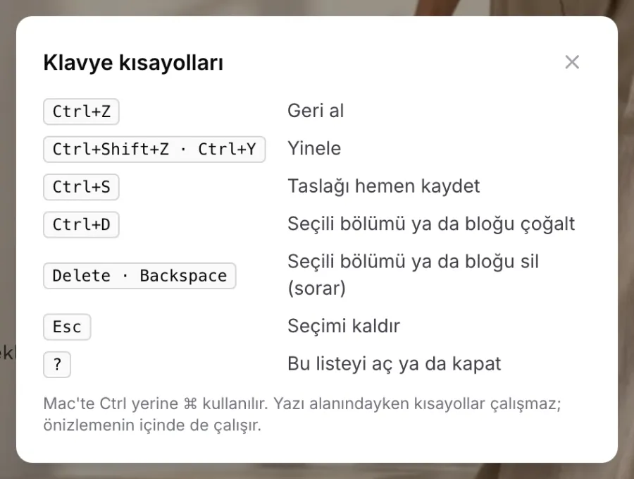 Klavye kısayolları penceresi: Ctrl+Z geri al, Ctrl+Shift+Z yinele, Ctrl+S taslağı kaydet, Ctrl+D çoğalt, Delete sil, Esc seçimi kaldır