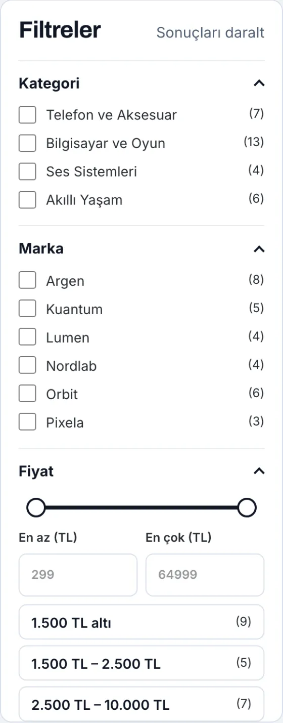 Filtre paneli yakından: kategori ve marka seçeneklerinin yanında ürün sayıları, fiyat kaydırıcısı ve hazır fiyat aralıkları