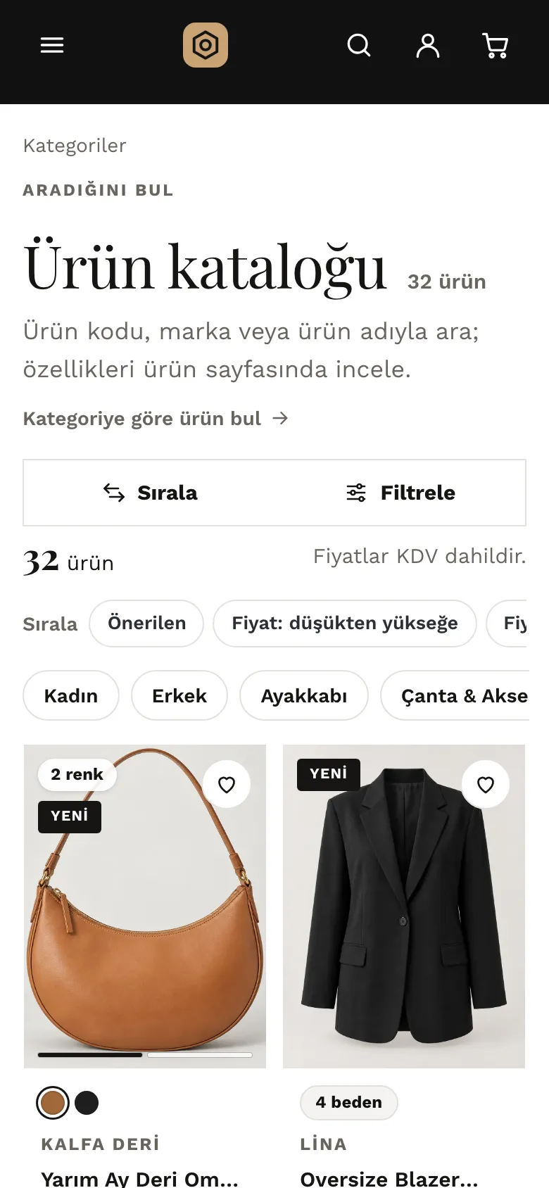 Moda demo mağazası telefonda: Sırala ve Filtrele çubuğu, sıralama ve kategori çipleri, renk seçenekli ürün kartları