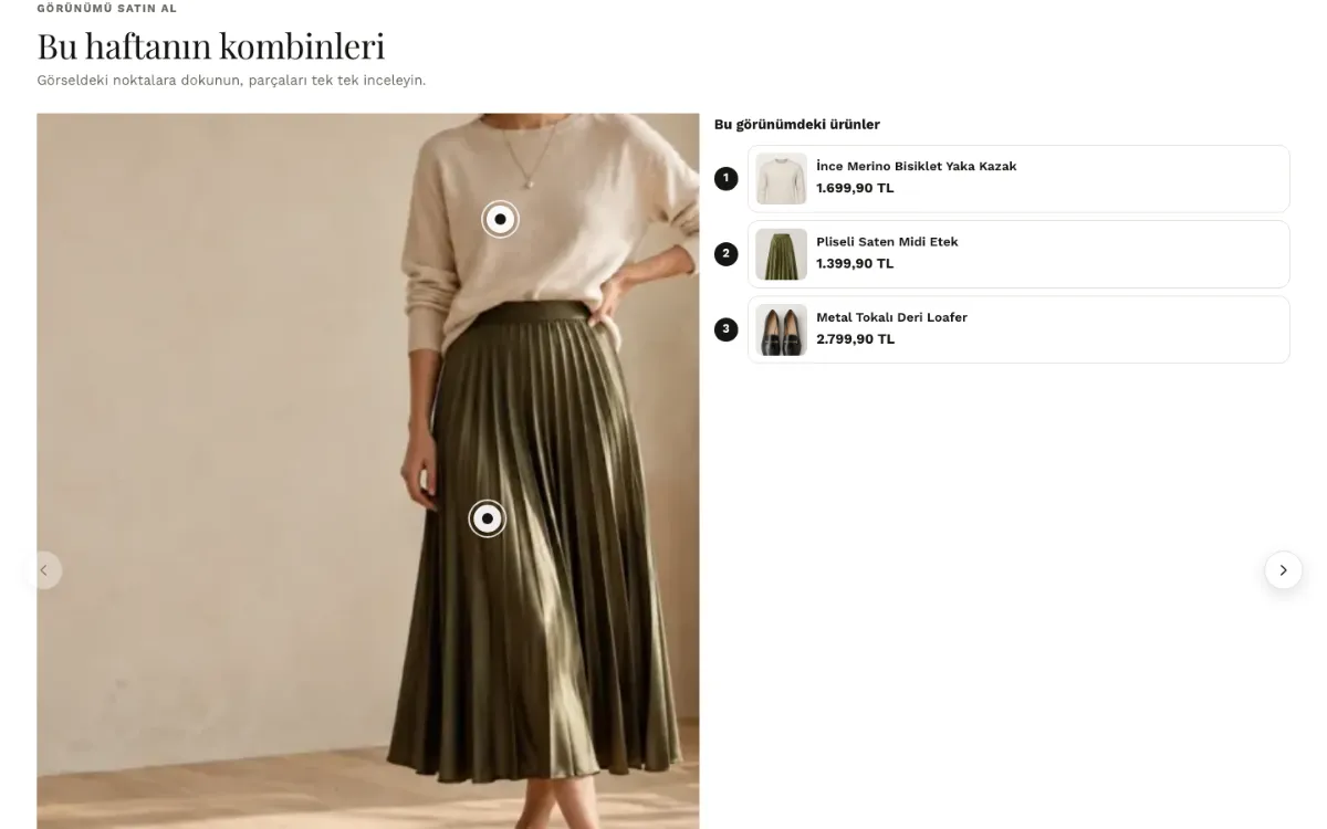Görünümü satın al (lookbook): Görseldeki noktalara dokununca ürünler açılır.