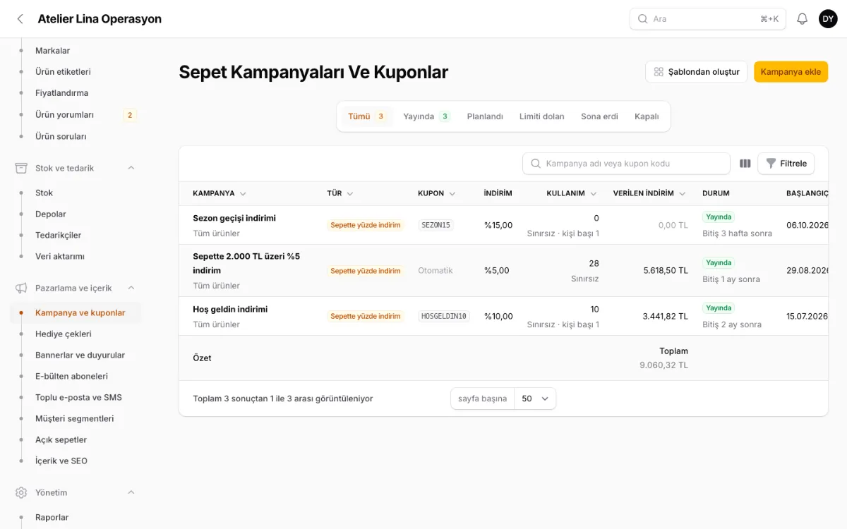 Sepet kampanyaları ve kuponlar: kampanya türü, kupon kodu, indirim, kullanım ve süre