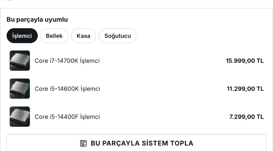 Anakart sayfasında "Bu parçayla uyumlu" bloğu: işlemci, bellek, kasa ve soğutucu sekmeleri, uyumlu işlemciler ve "Bu parçayla sistem topla" düğmesi