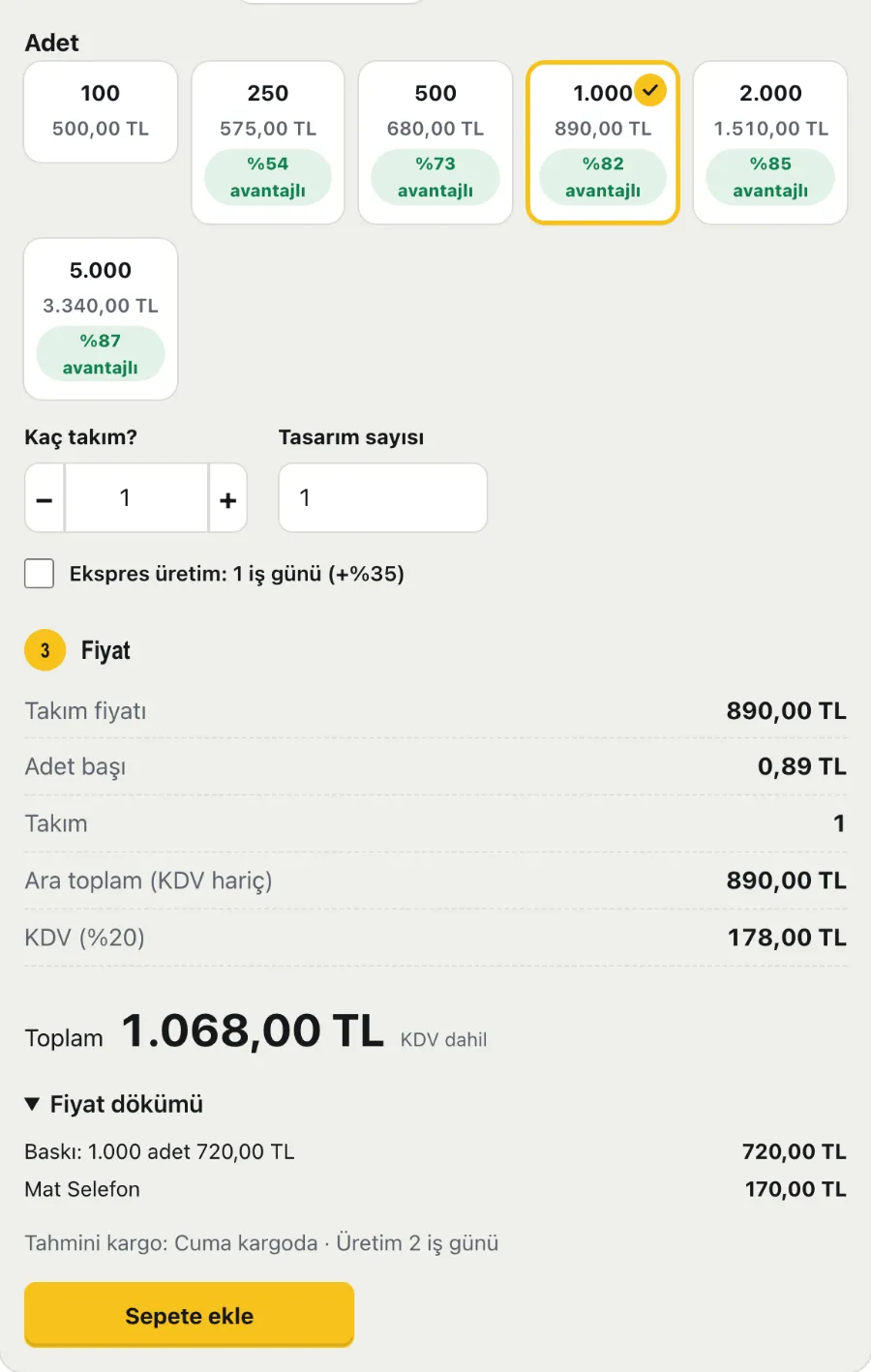 Matbaa demo mağazasında kartvizit: 100'den 5.000'e adet basamakları "%54–%87 avantajlı" rozetleriyle, 1.000 adet mat selefonlu seçili; fiyat dökümünde baskı 720,00 TL ve selefon 170,00 TL