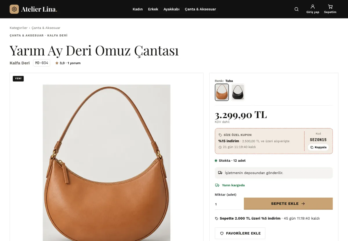 Moda demo mağazasında ürün sayfası: büyük ürün görseli, renk seçimi görselli kutularla, fiyat, ürüne özel kupon kartı, stok bilgisi ve kargo kesim saatine göre teslim tahmini