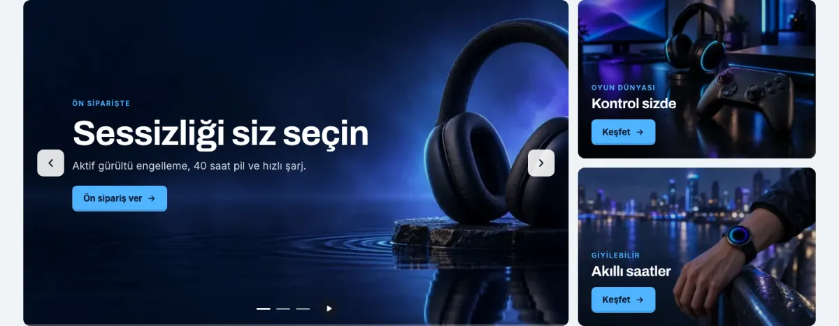 Slider: yan bannerlı: Büyük slaytın yanında iki kampanya kutusu.